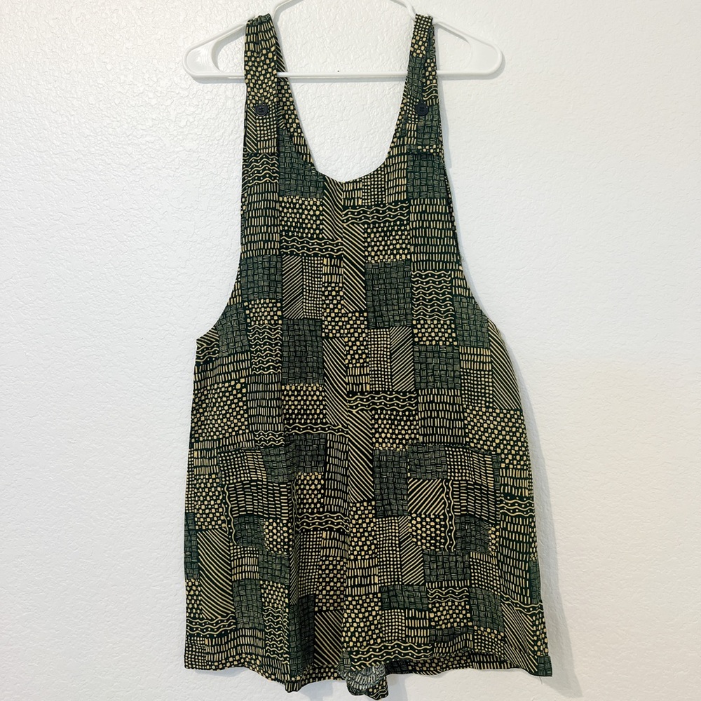 Tribal Print Short Overalls Green and Yellow Granola Vintage